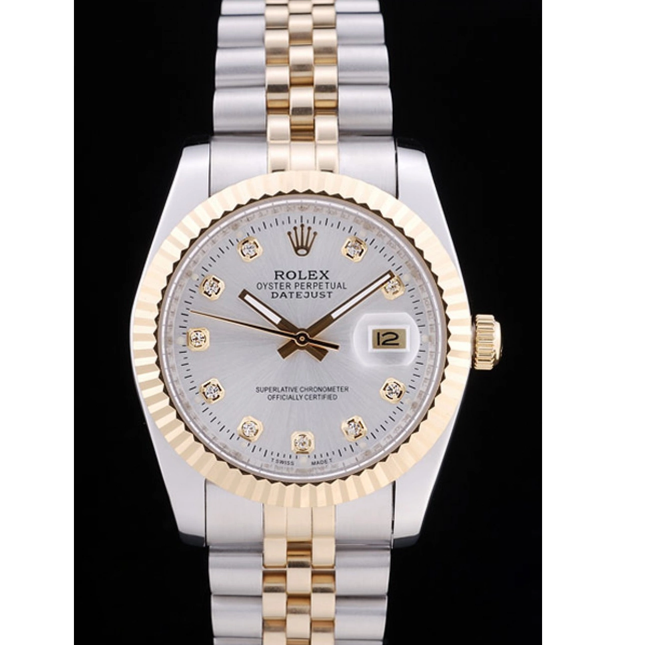 Aaa replica watch Ribbed Datejust Bezel Rolex Dial Silver Diamonds 7454 0727